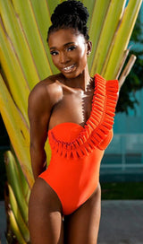 ONE SHOULDER RUFFLE ONE PIECE ORANGE SWIMSUIT