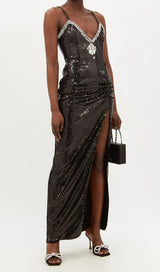 SEQUIN CRYSTAL V NECK MAXI DRESS IN BLACK