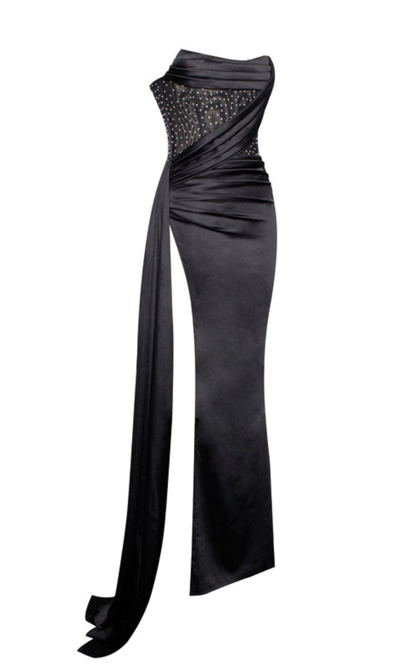 HOLLY BLACK CRYSTALLIZED CORSET HIGH SLIT SATIN GOWN