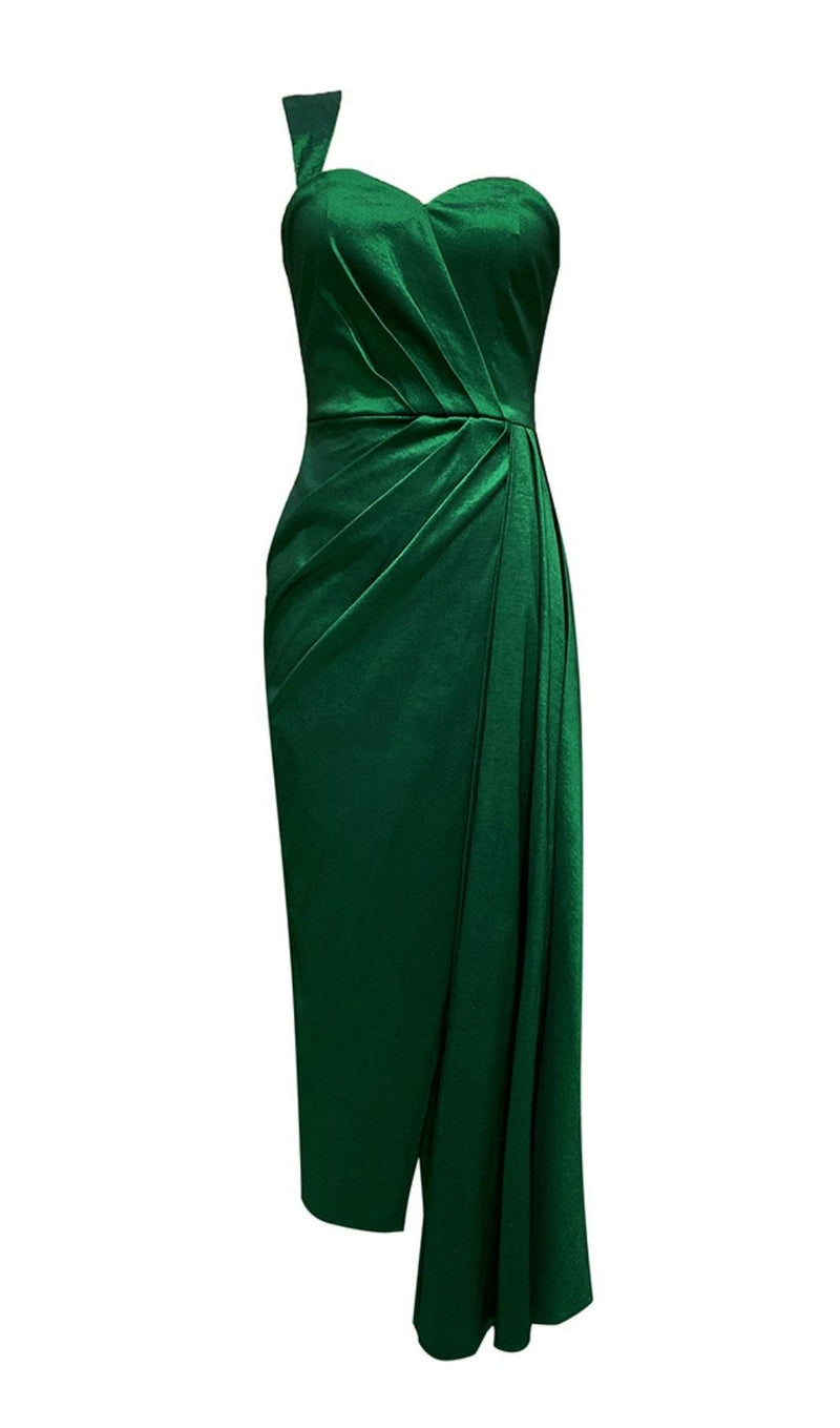 ONE SHOULDER RUCHED MIDI DRESS IN GREEN