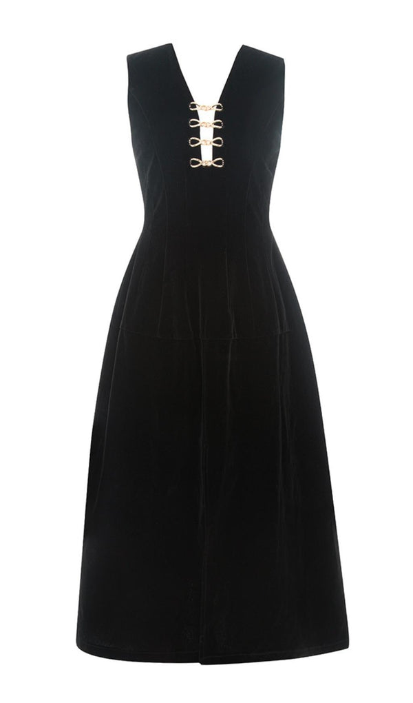 V NECK SLEEVELESS MIDI DRESS IN BLACK