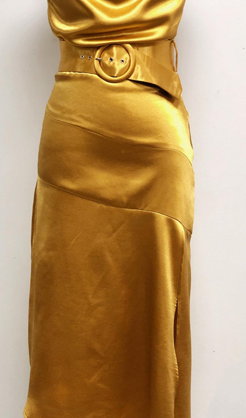 BANDAGE RUCHED MIDI DRESS IN GOLD