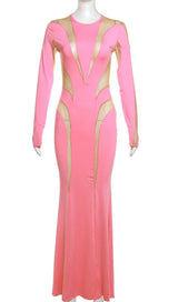 LANGÄRMELIGES, BODYCON-MAXIKLEID AUS MESH IN PINK