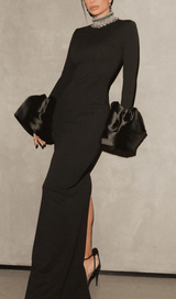 BLACK TRUMPET SLEEVE HIGH-NECK MAXI DRESS