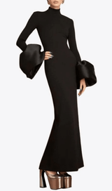 BLACK TRUMPET SLEEVE HIGH-NECK MAXI DRESS