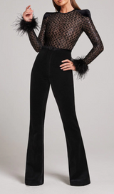 BLACK FEATHER SEQUIN JUMPSUIT