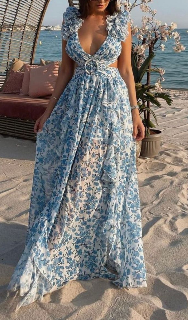 ROBE MAXI À DÉCOUPES FLEURS À VOLANTS BLEU 