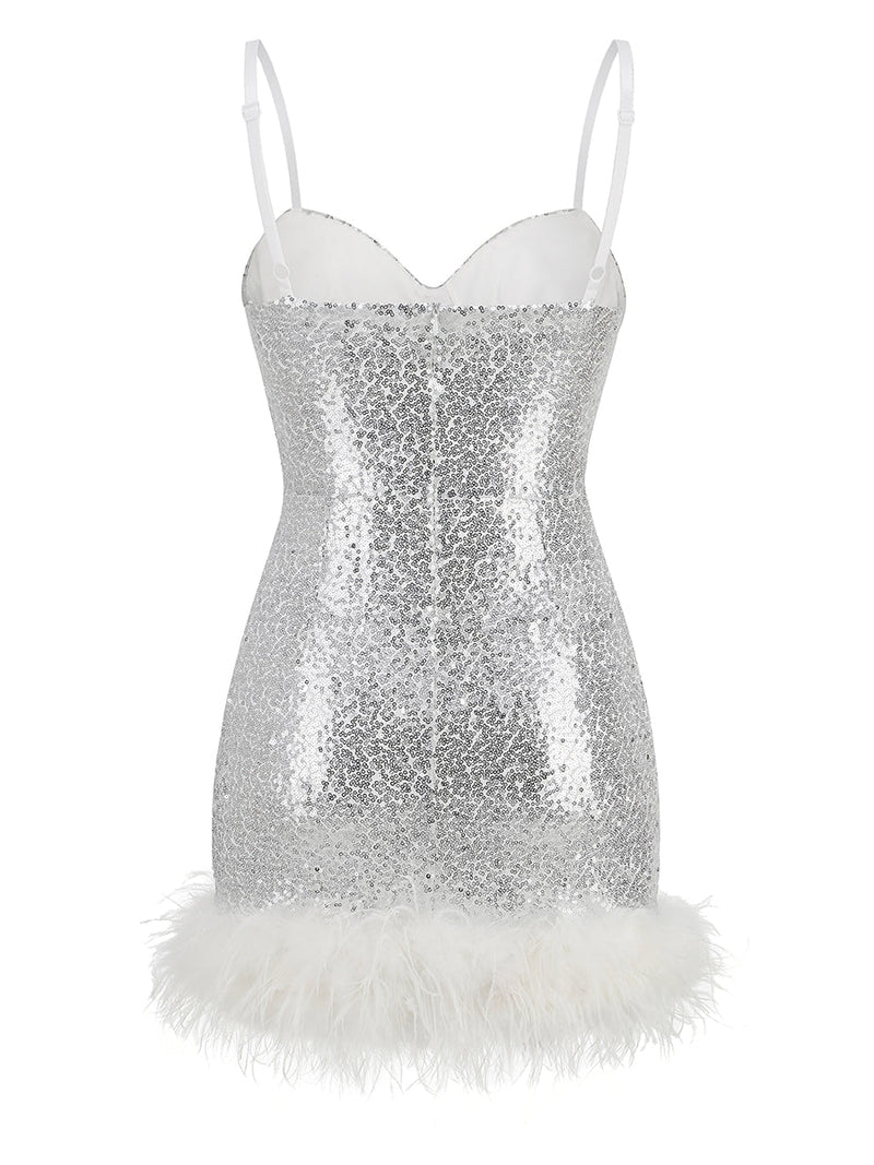 FEATHER SLEEVELESS MINI DRESS IN WHITE