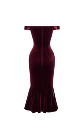 POLYESTER SPANDEX SATIN MIDI DRESS IN BURGUNDY