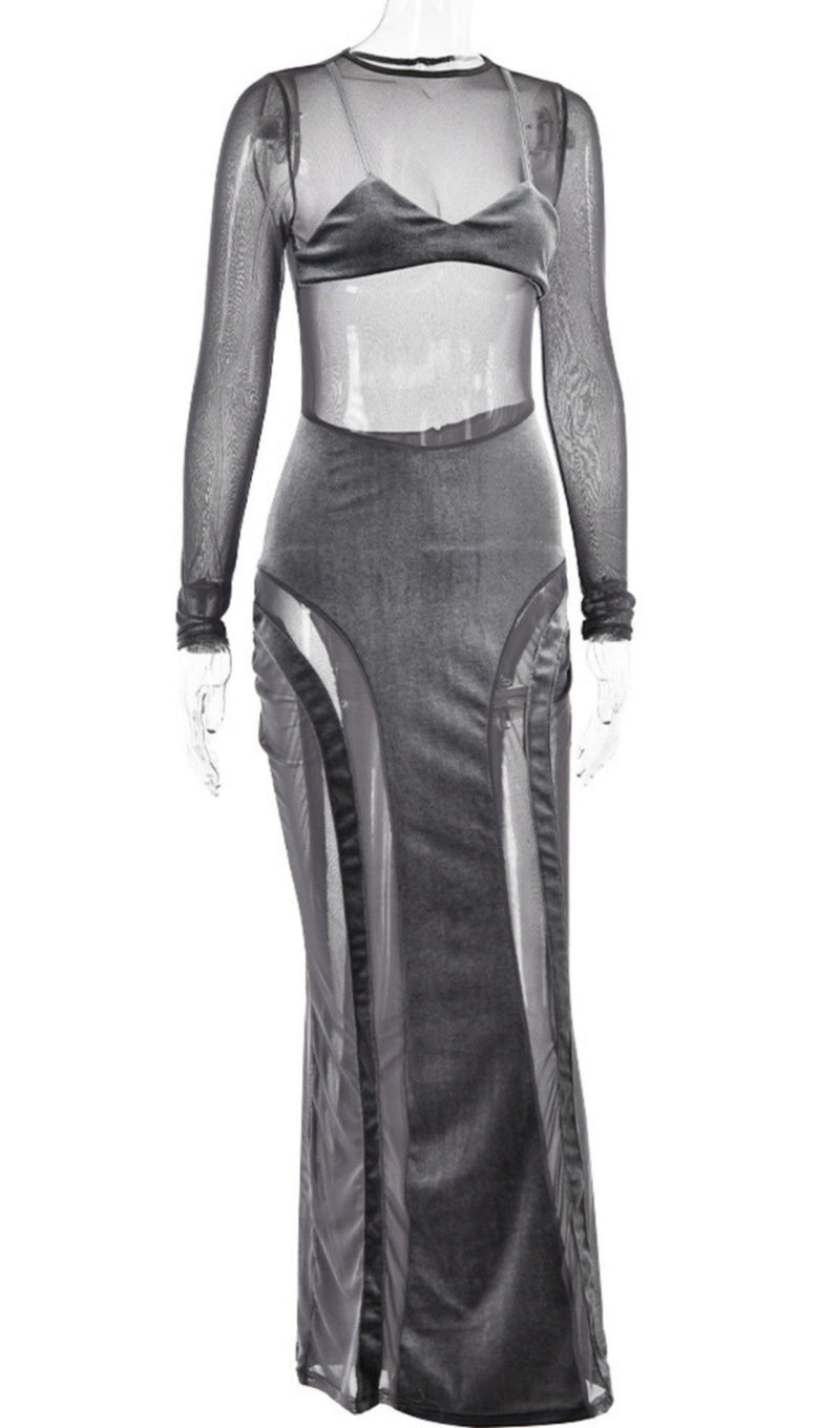 ROBE MAXI EN MAILLE DE VELOURS GRIS