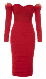 STRAPLESS STRAPLESS LACE MIDI DRESS IN RED