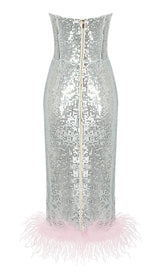 STRAPLESS SEQUIN FEATHER MIDI DRESS IN SILVER