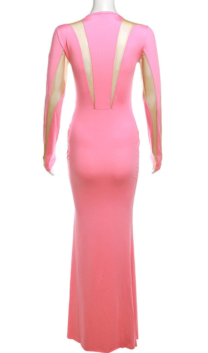 ROBE MAXI BODYCON EN MAILLE À MANCHES LONGUES, ROSE