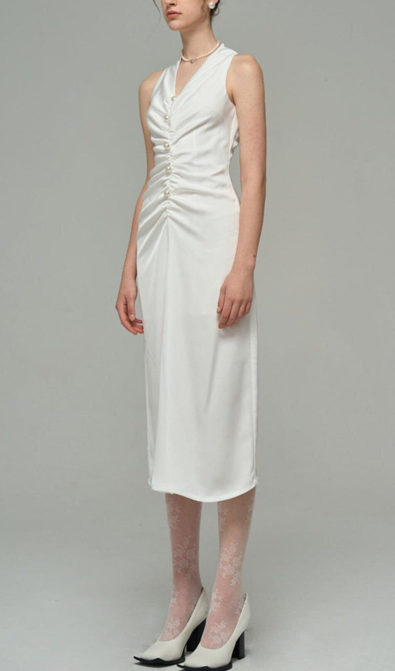 SATIN PEARL DECORATIVE DRESS IN WHITE