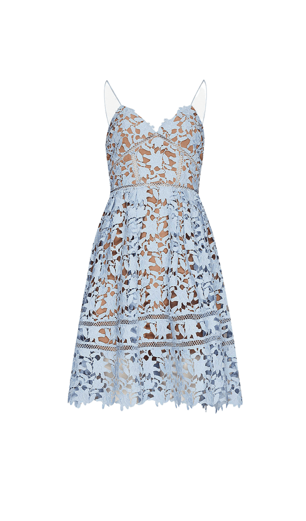 FLORAL SPAGHETTI STRAP GUIPURE LACE MINI DRESS IN BLUE