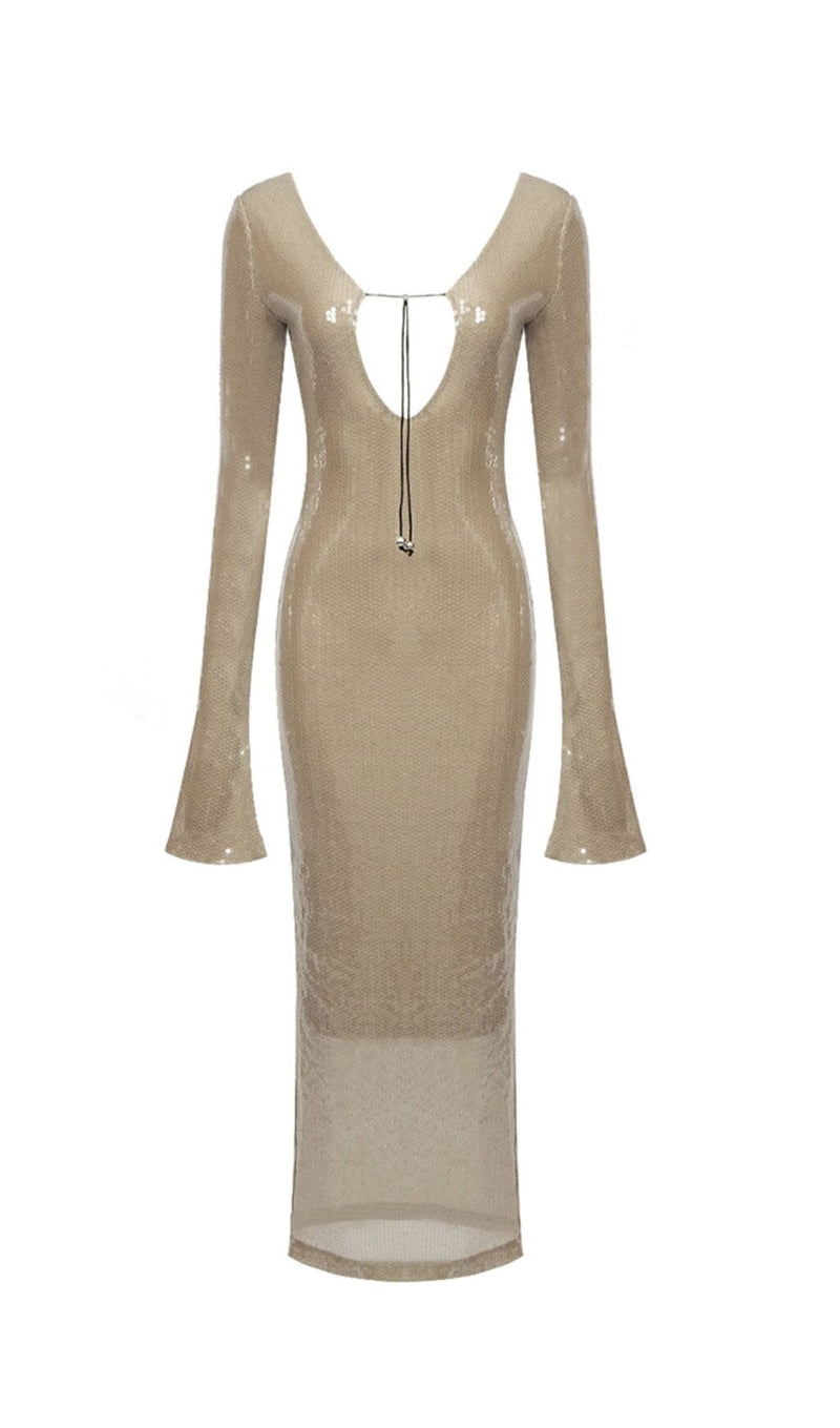 SEQUINED WITH LONG SLEEVES AND BACKLESS DRESS IN KHAKI