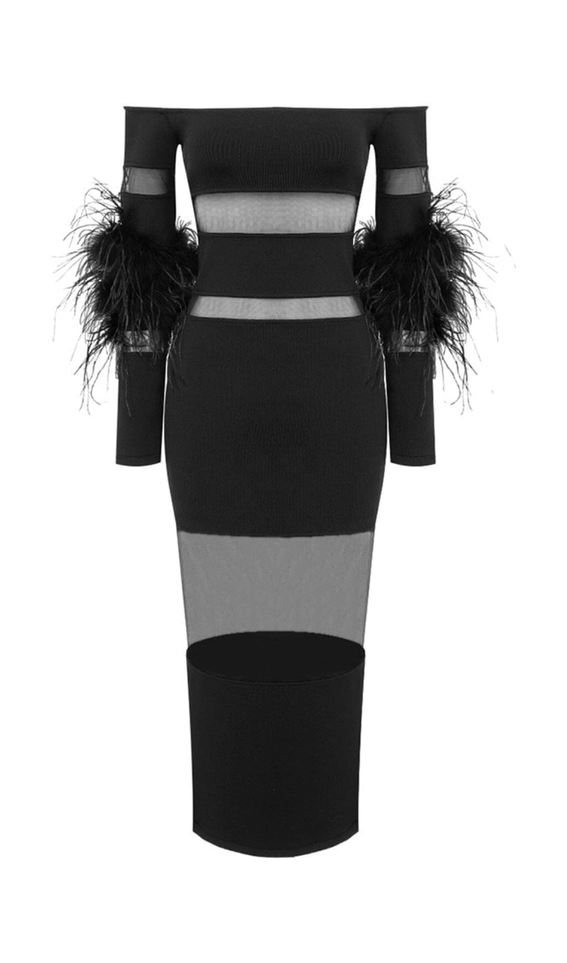 BANDAGE OFF-SHOULDER FEATHER MIDI DRESS IN BLACK