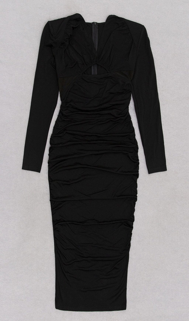 LONG SLEEVED V NECK PLEATED MIDI DRESS IN BLACK