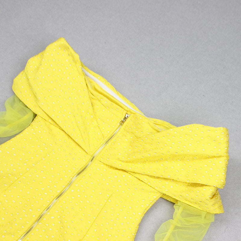 YELLOW OFF SHOULDER RUCHED MESH MINI DRESS