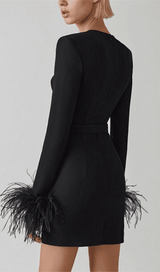 STRETCH LONG SLEEVES FEATHER MINI DRESS IN BLACK