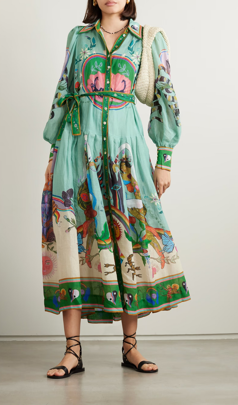 BELTED PRINTED RAMIE MAXI SHIRT DRESS