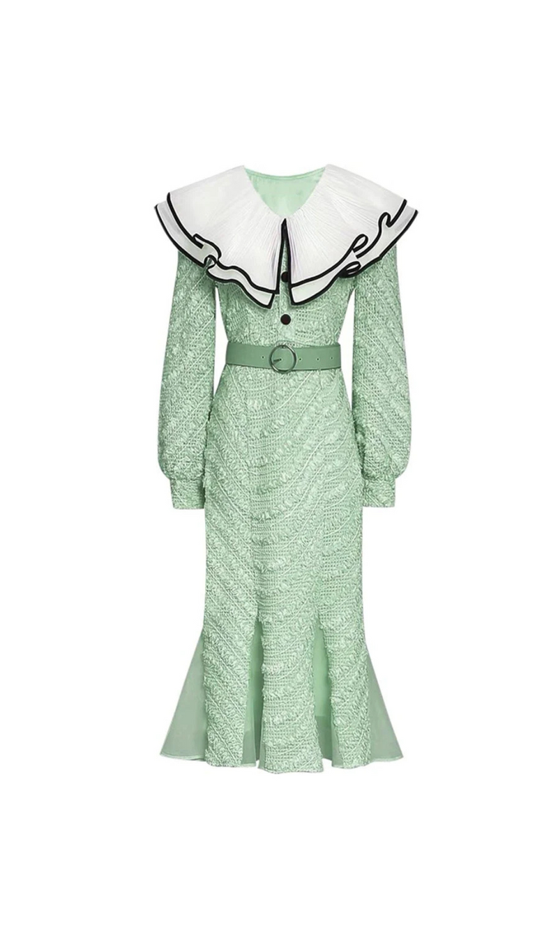 PEA GREEN LAYERED RUFFLE COLLAR KNIT MERMAID DRESS