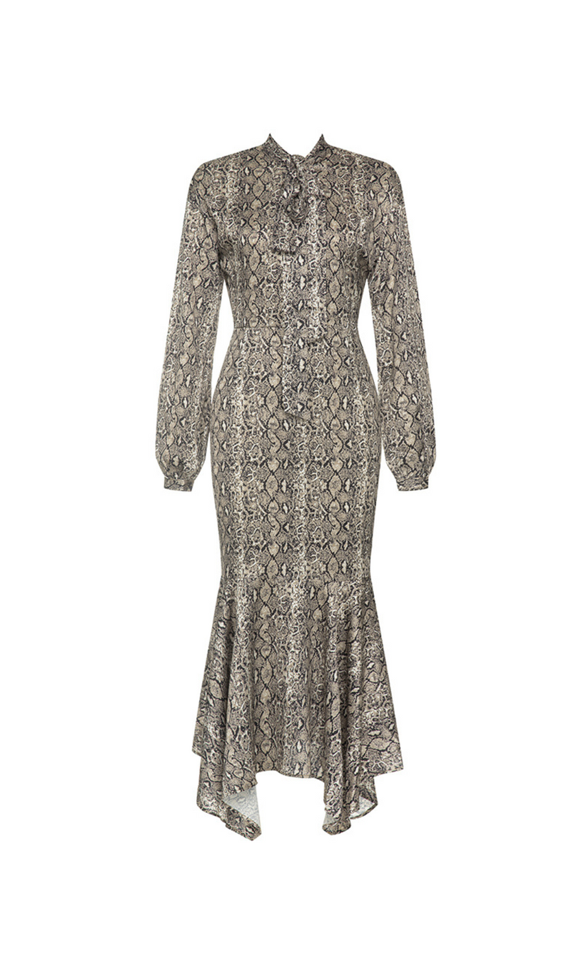 SNAKE PRINT LANTERN SLEEVE MERMAID HEM MAXI DRESS