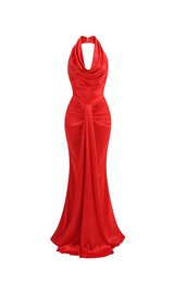 HALTER PLEATS SATIN MAXI DRESS IN RED