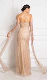 HIGH SPLIT GORGEOUS RHINESTONE DROP SLEEVE DRESS IN CHAMPAGNE