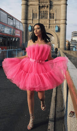 LAYERED STRAPLESS MINI DRESS IN HOT PINK