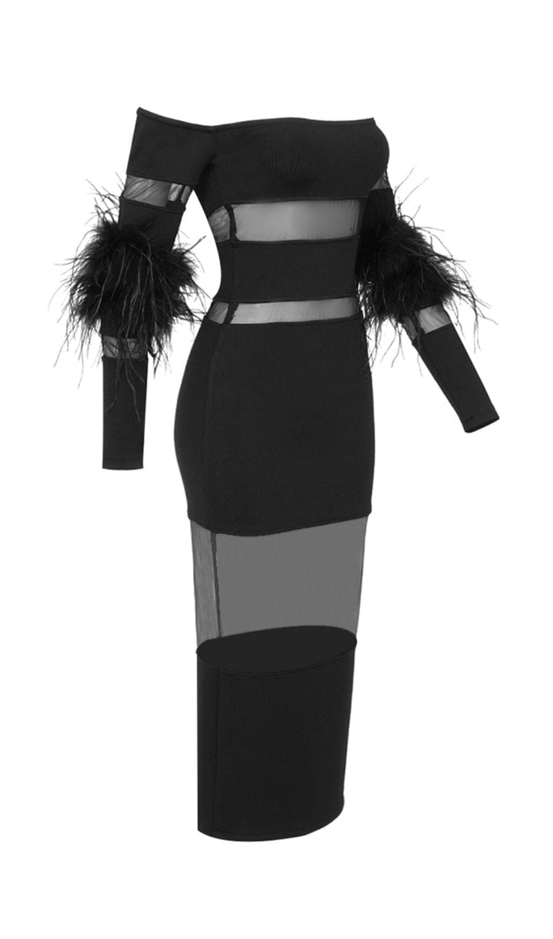 BANDAGE OFF-SHOULDER FEATHER MIDI DRESS IN BLACK