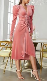 PINK LEG SLEEVE V-NECK VELVET DRESS