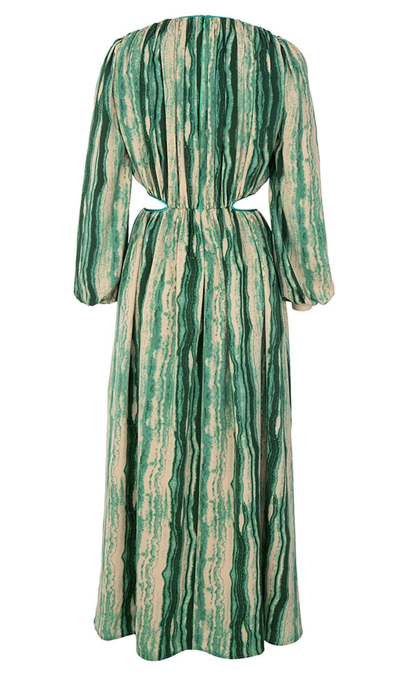 ALLOVER PRINT CUT OUT PUFF SLEEVE DRESS IN EMERALD GEMSTONE