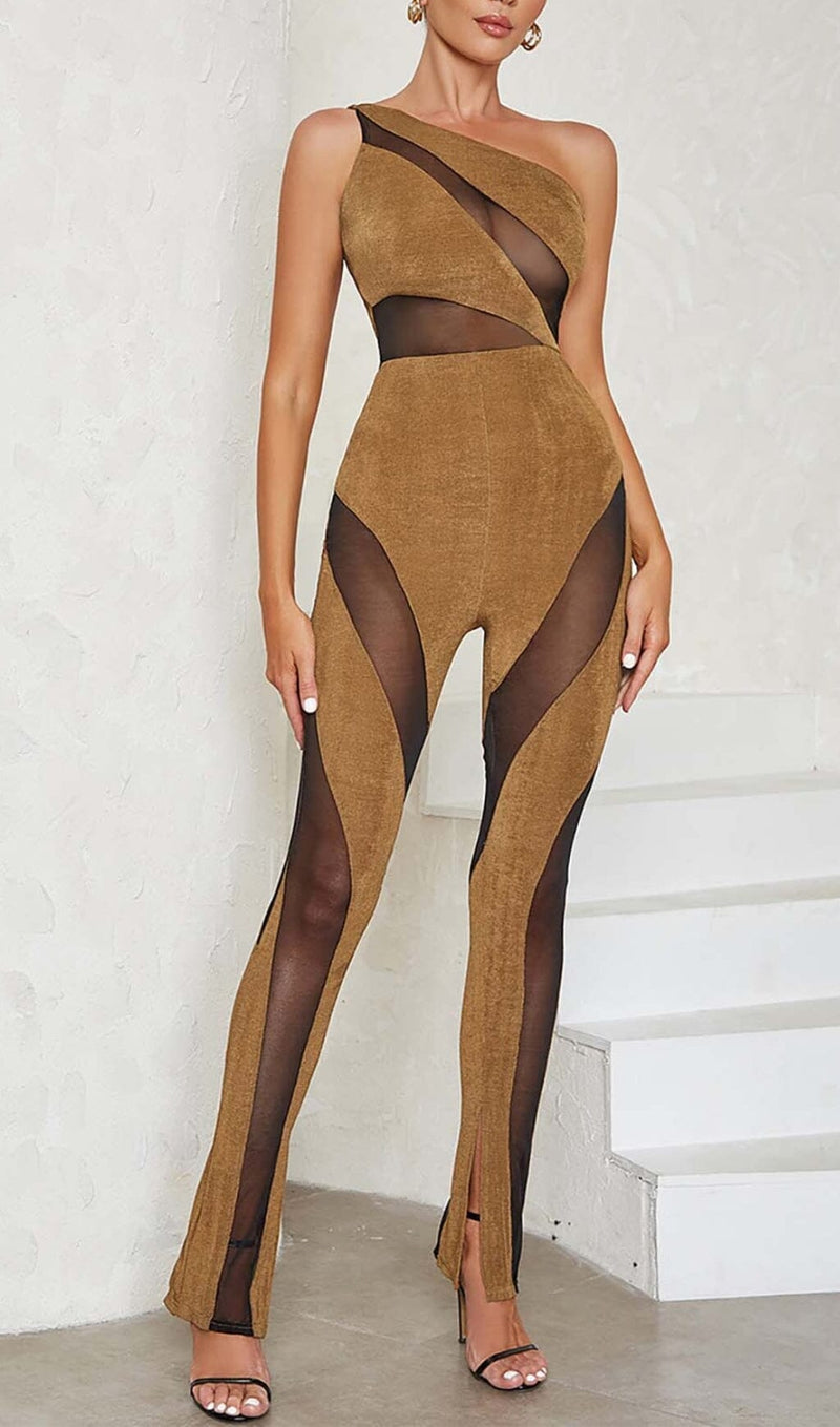 ASYMMETRICAL PATTERN MESH JUMPSUIT IN BROWN