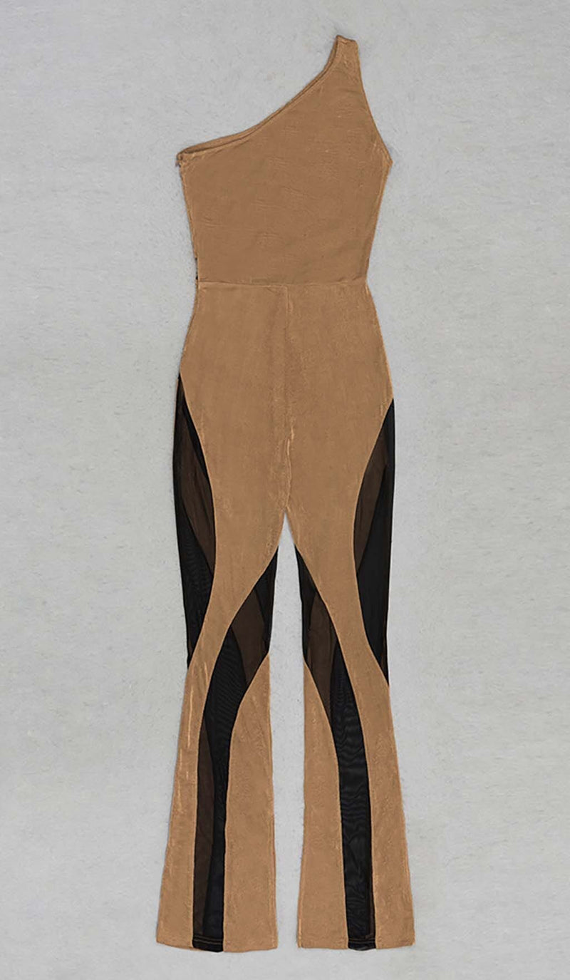 ASYMMETRICAL PATTERN MESH JUMPSUIT IN BROWN