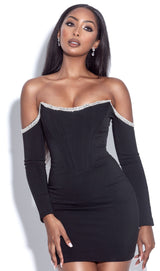 ANNIKA BLACK OFF SHOULDER LONG SLEEVE CORSET DRESS WITH CRYSTAL TRIM