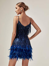 TASSEL FEATHER MINI DRESS IN ROYAL BLUE