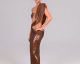 BROWN HIGH SPLIT SEQUIN DRAPE MAXI DRESS