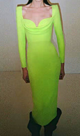 BANDAGE LONG SLEEVE MIDI DRESS IN FLUORESCENT GREEN