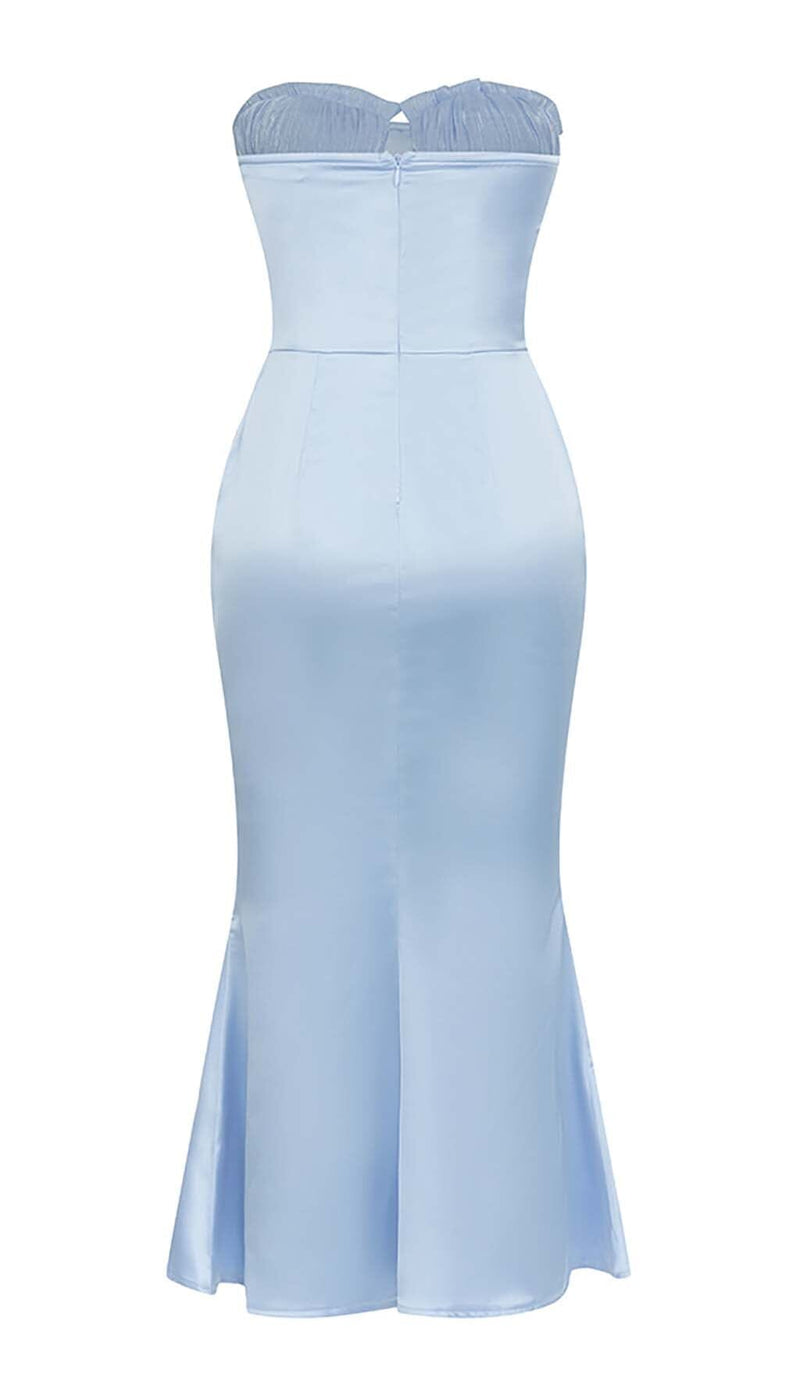 BANDEAU SATIN SLIT MIDI DRESS IN SKY BLUE