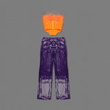 ORANGE FEATHER TUBE TOP & PURPLE SEQUINED TROUSERS TWO-PIECE SUIT