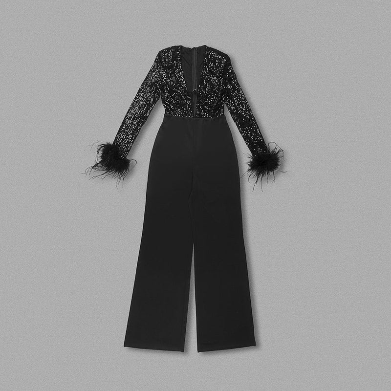 LONG SLEEVE SEQUIN FEATHER JUMPSUIT BLACK