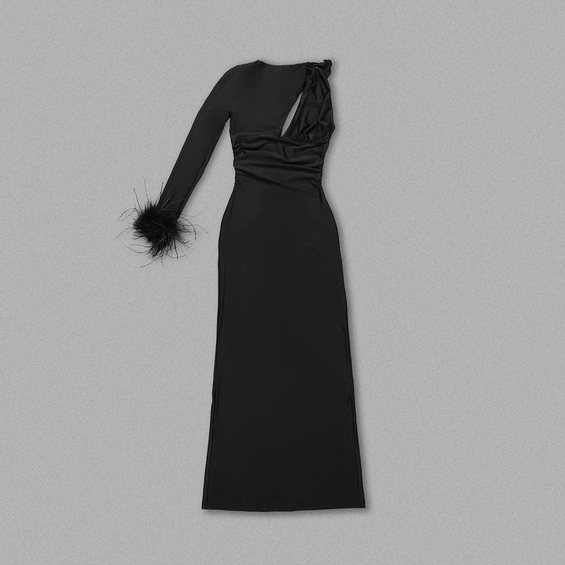 ROBE MAXI PLUME À UNE MANCHE NOIR