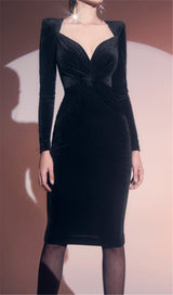 BLACK VELVET SATIN V-NECK DRESS