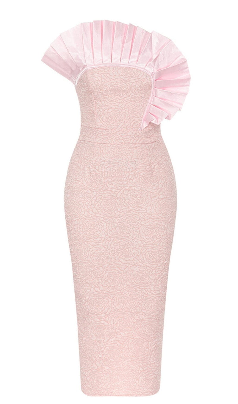 BODYCON RUFFLE DETAIL MIDI DRESS IN PINK