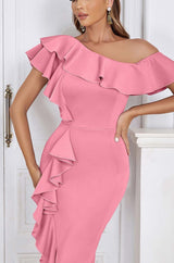 BODYCON RUFFLE MIDI DRESS IN APRICOT