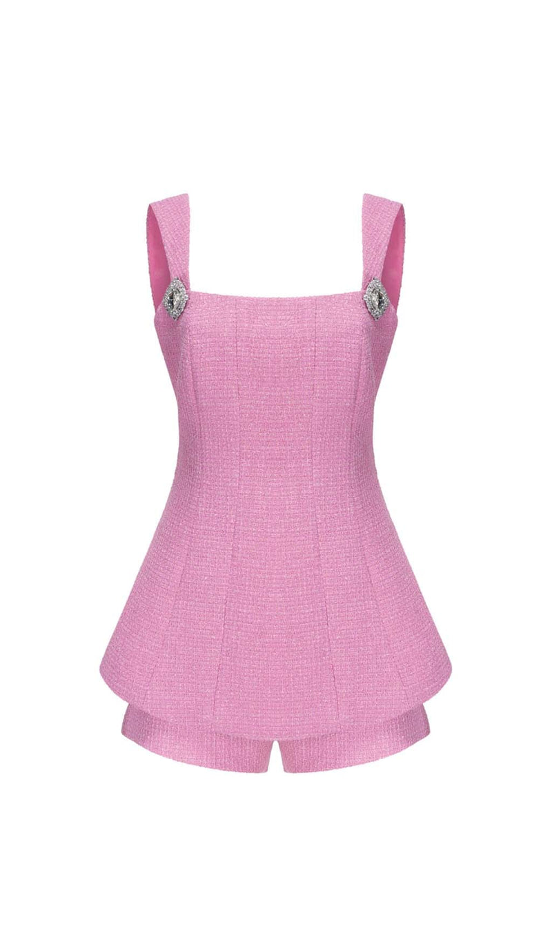 BOW-EMBELLISHED RHINESTONE MINI DRESS IN PINK