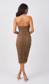 BROWN RUCHED MIDI DRESS