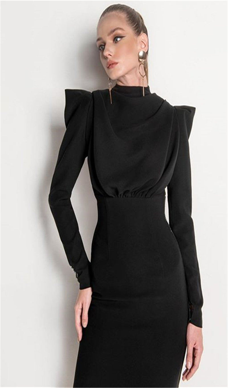 Black Mid-Neck Padded Shoulder Waist Tie Dress