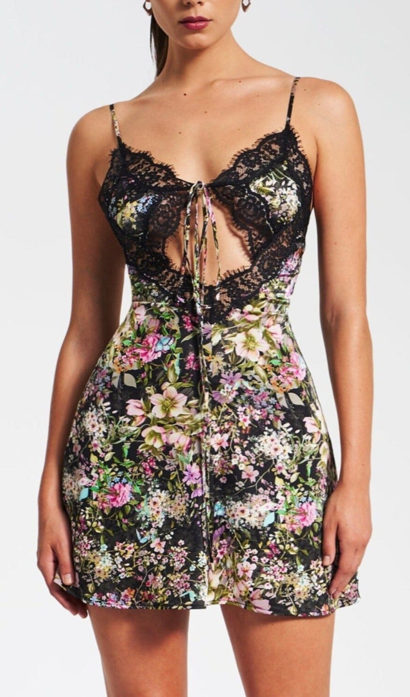 FLORAL PRINT SATIN MINI DRESS WITH LACE TRIM